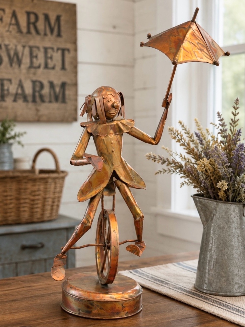Vintage Brass Clown on Unicycle Sculpture Music Box. 1970’s Patina | 15.5”H